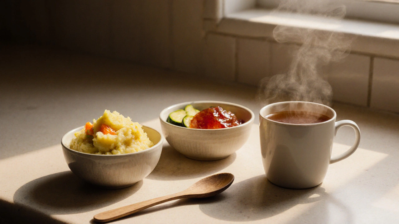 Na stole jsou lehké potraviny pro obnovu žaludku: bramborová kaše, žluté zeleniny a čaj z kmínu.
