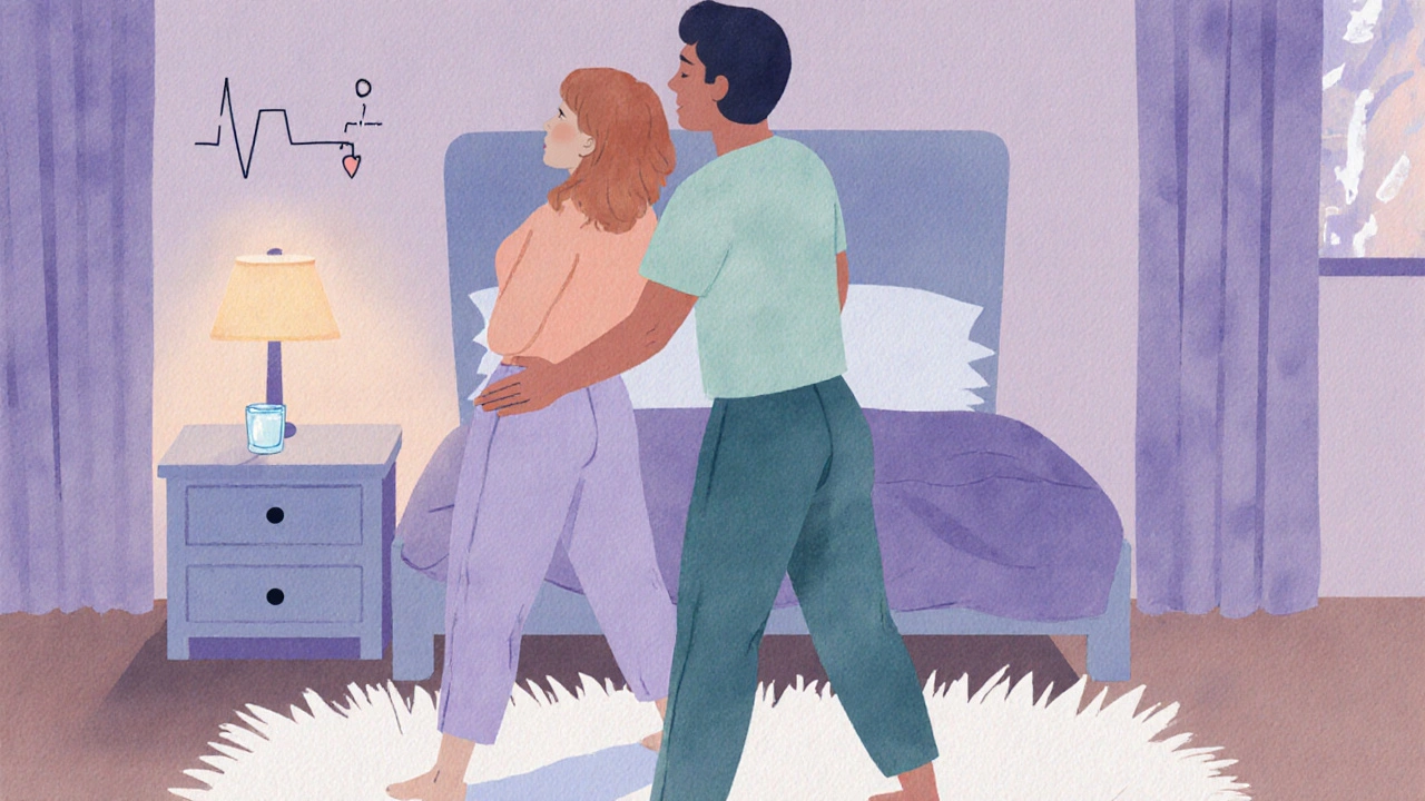 Pár provádí lehké protahování a dechová cvičení v intimním osvětleném prostoru.