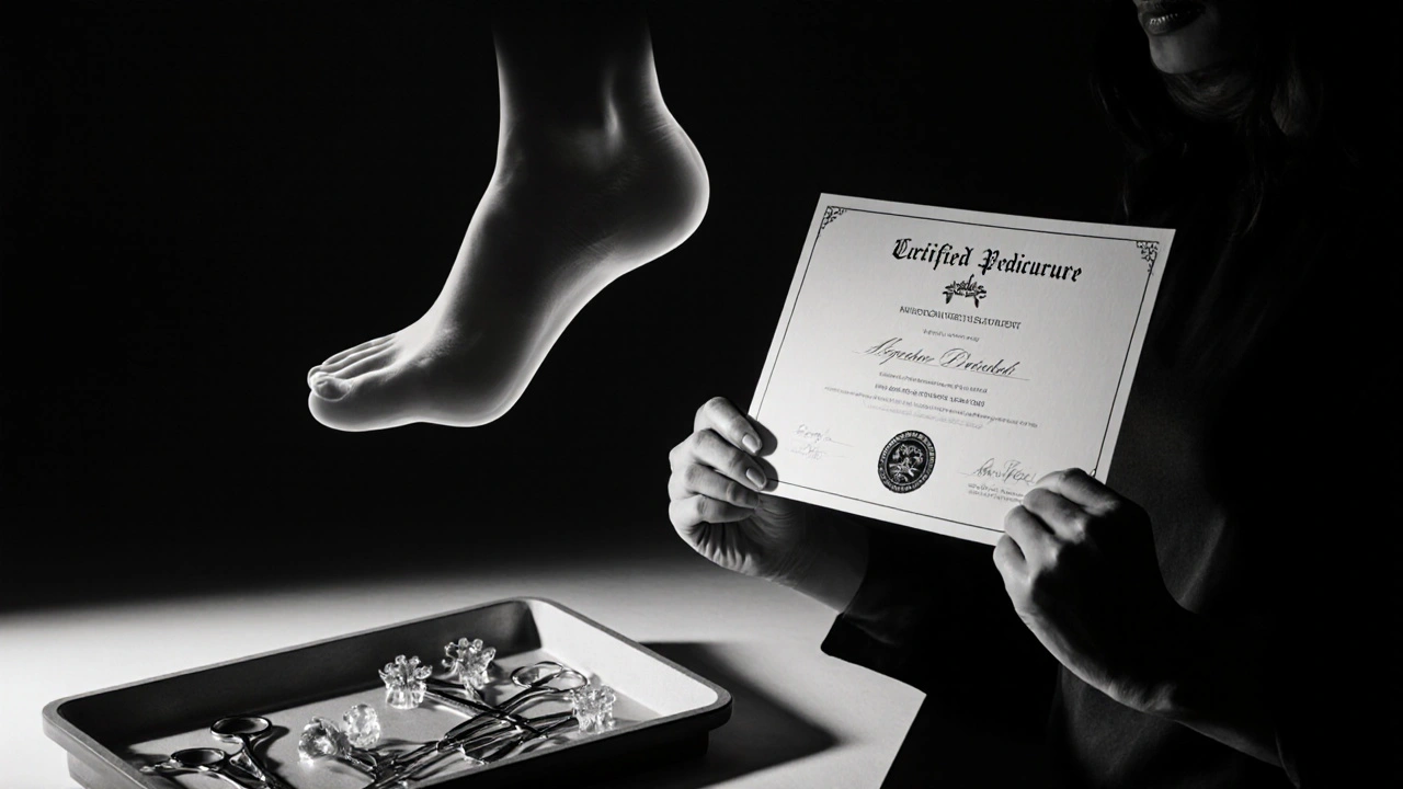 Pedikérka ukazuje certifikát a sterilizované nástroje.