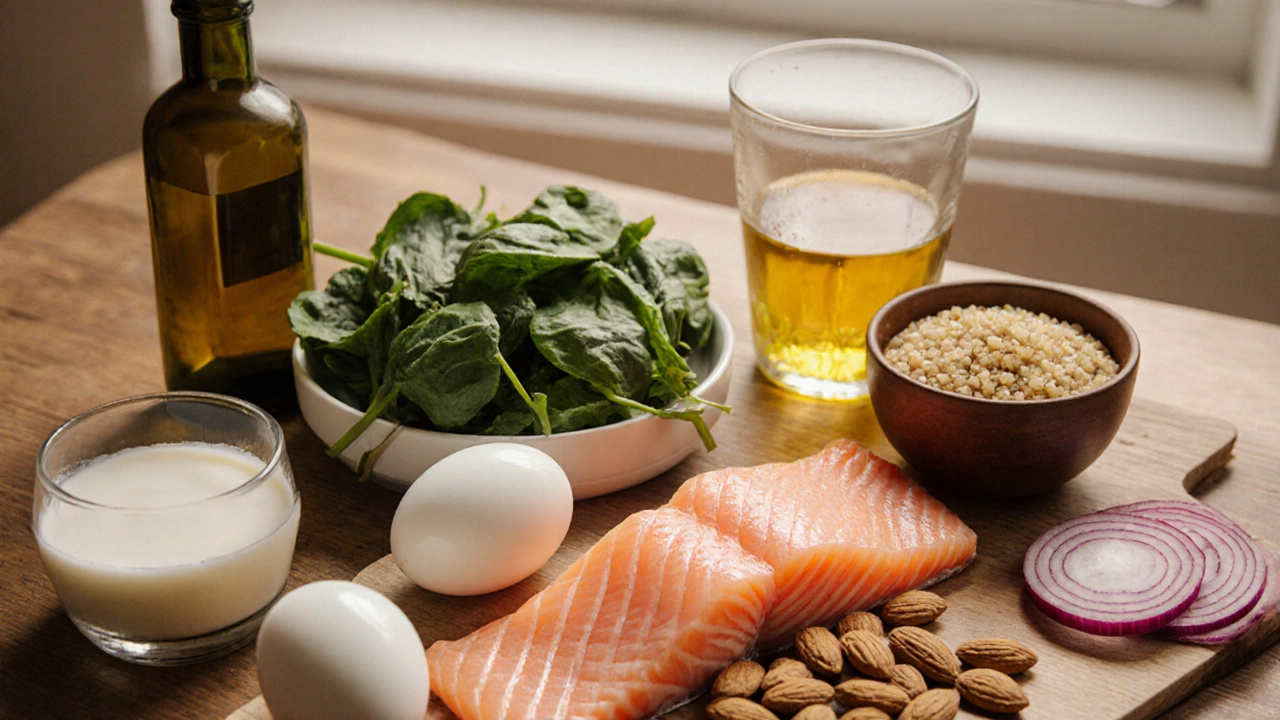 Ploché uspořádání vajec, lososa, špenátu, quinoa a ořechů pro zdravé vlasy.