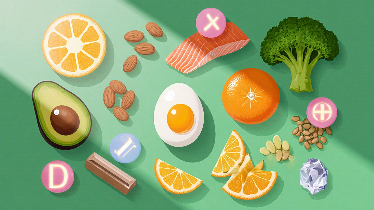 Ploché uspořádání vajec, ořechů, lososa a zeleniny představující vitamíny pro nehty.