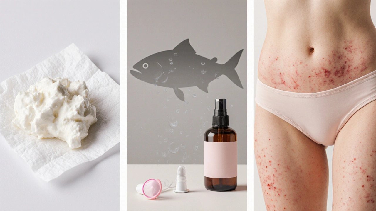Rozdělená scéna: kvasinková infekce, bakteriální vaginóza a podráždění od hygienických produktů.