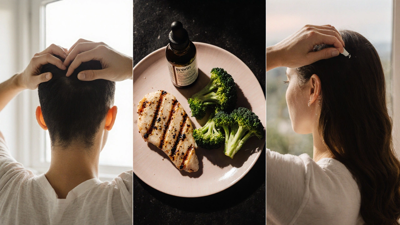 Rozdělený snímek denní rutiny: masáž hlavy, zdravý oběd, večerní sérum.