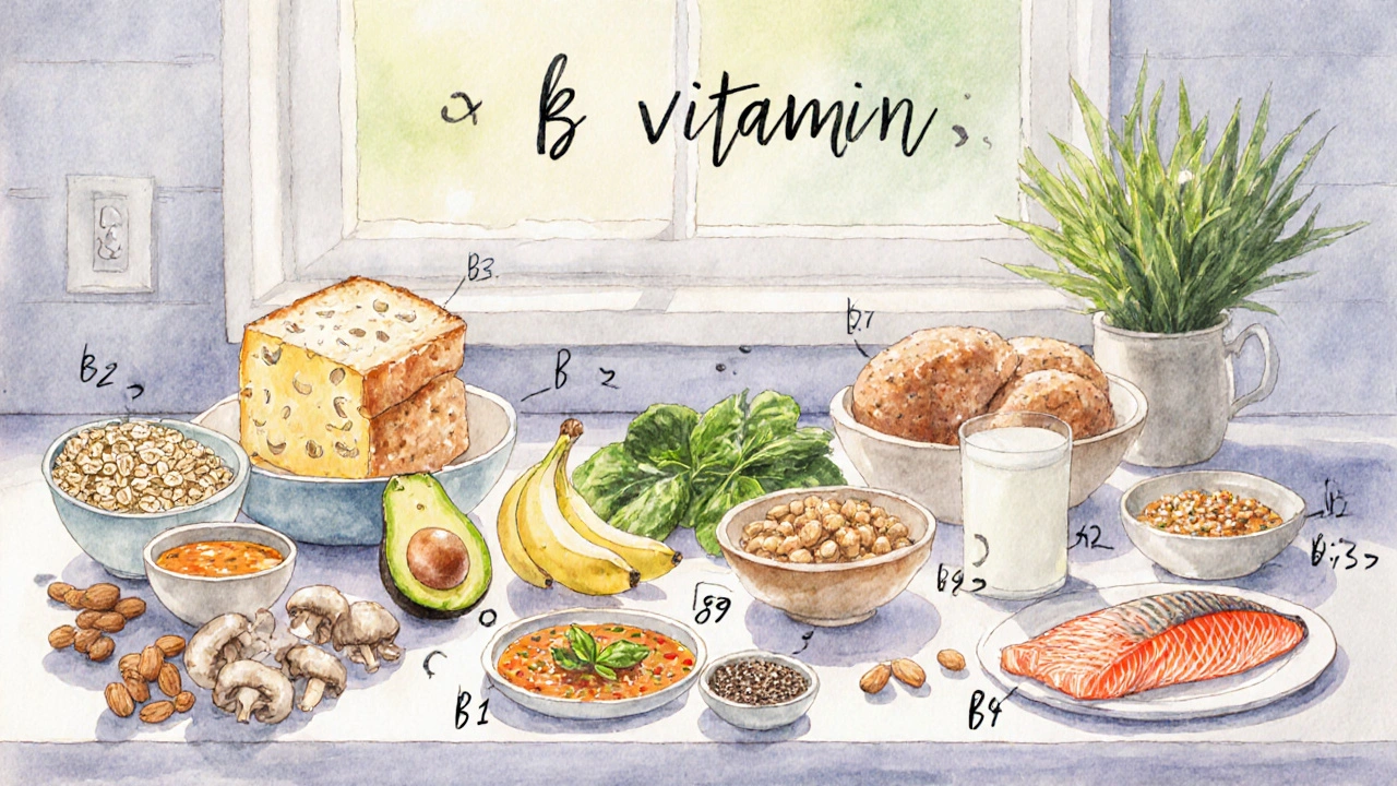 Rozmanité potraviny bohaté na vitamíny B uspořádané na kuchyňské lince.