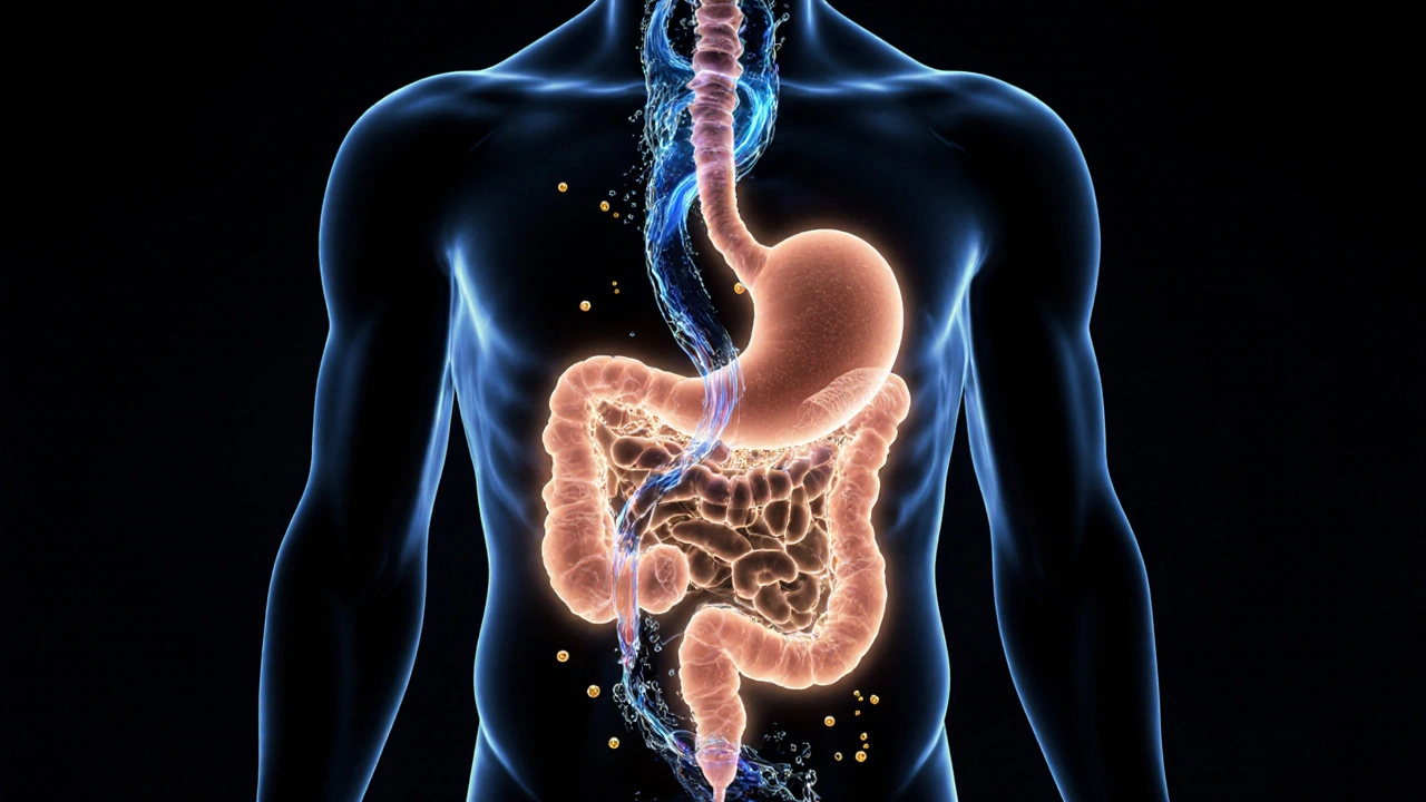 Transparenční zobrazování žaludku s obnovující se sliznicí a probiotiky, symbolizující detoxikaci těla.