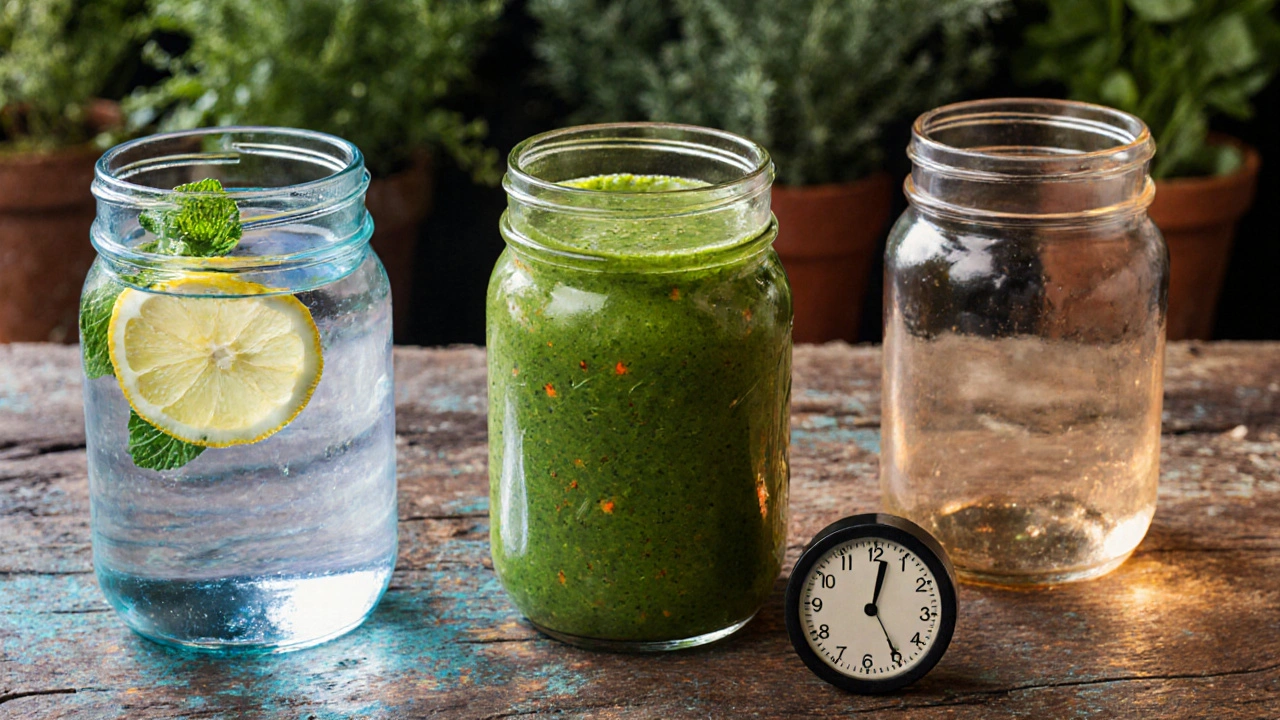 Tři sklenice na dřevěném stole představují vodní detox, zeleninový smoothie a přerušovaný půst.