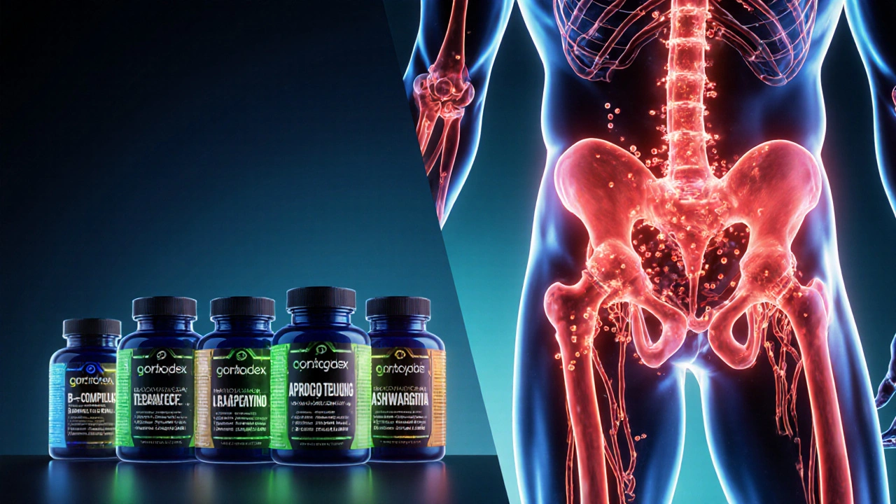 Vitamínové doplňky a rozšířené cévy symbolizují zvýšenou krevní cirkulaci a energii.