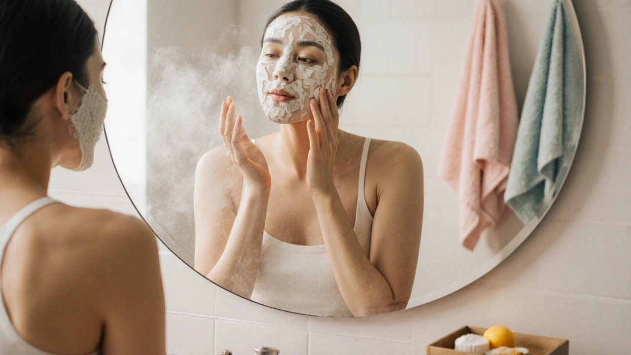 Žena masíruje domácí peeling na čistou, vlhkou pleť v koupelně.