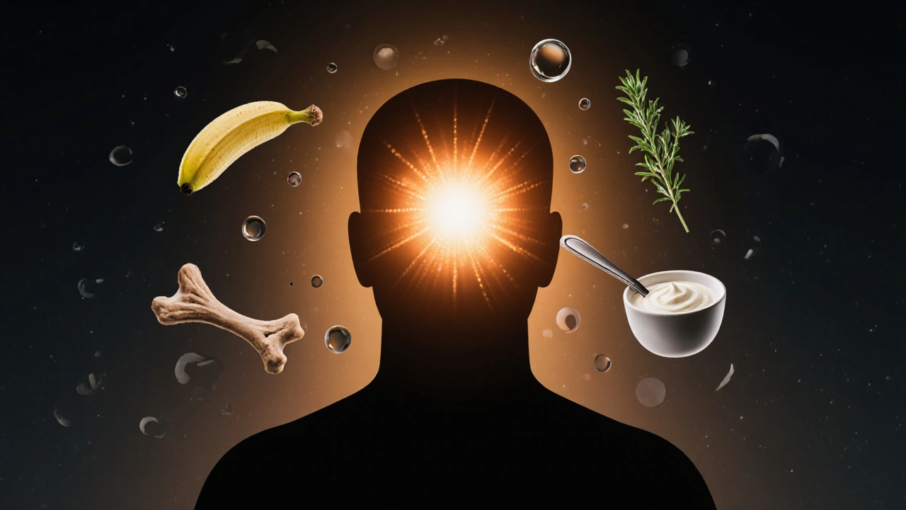 Abstraktní silueta s teplem v těle a symboly zdravé výživy: voda, banán, bylinky, kuře a jogurt.