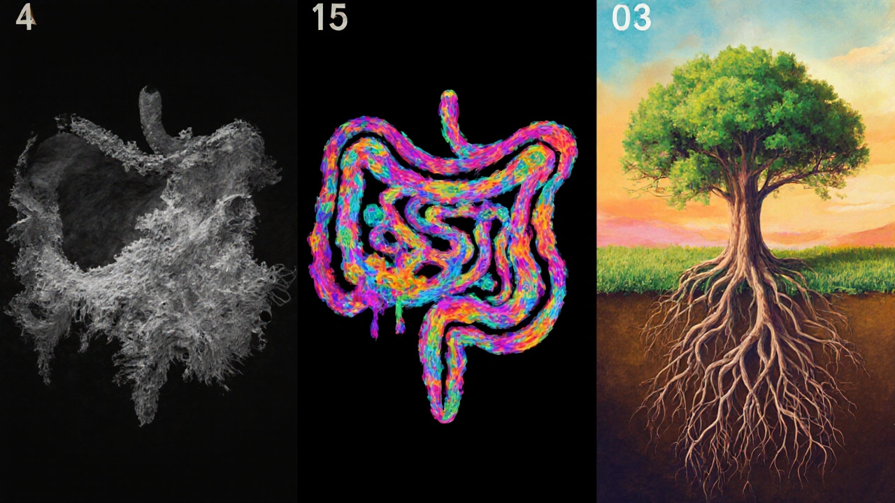 Časová osa obnovy střevní mikroflóry: od poškozeného stavu přes obnovu k zdravému, vyváženému ekosystému.