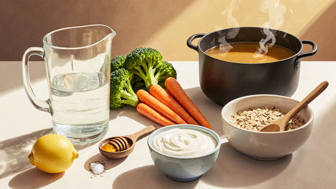 Čerstvé potraviny pro uzdravení: ovesná kaše, jogurt, vařená zelenina a domácí elektrolytový nápoj.