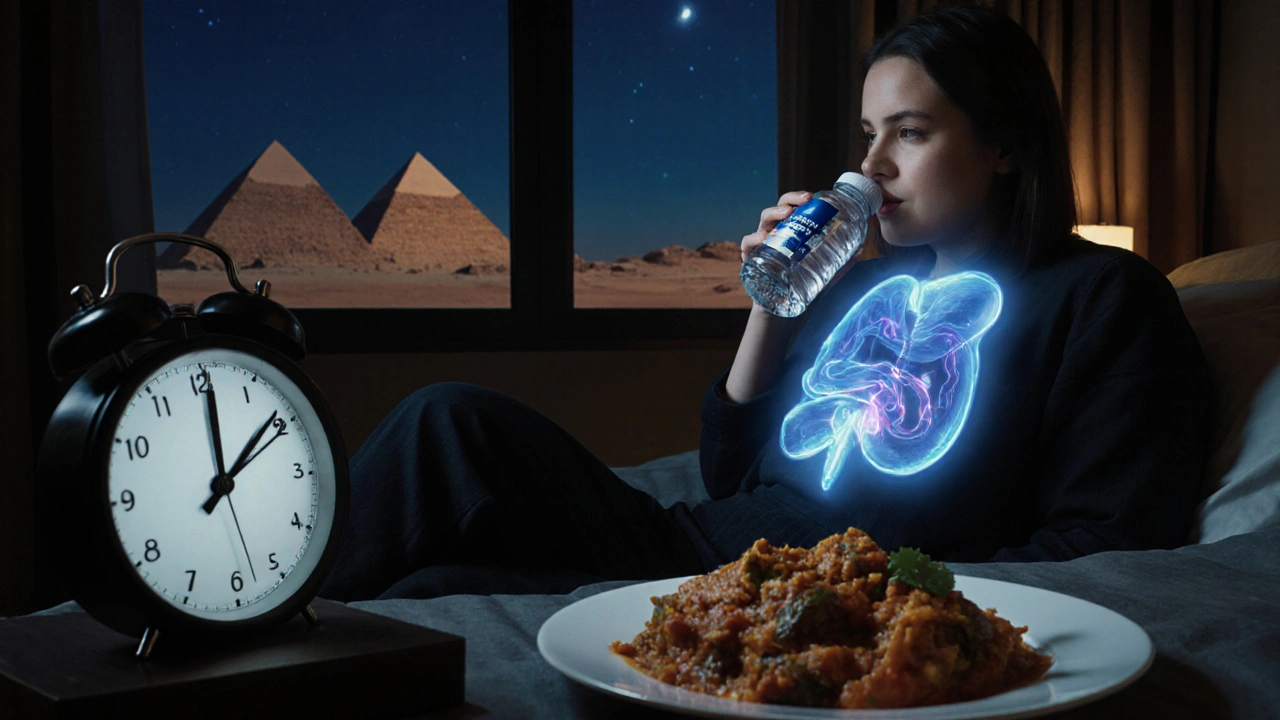 Cestovatel v hotelovém pokoji pije vodu a užívá probiotika před jídlem.