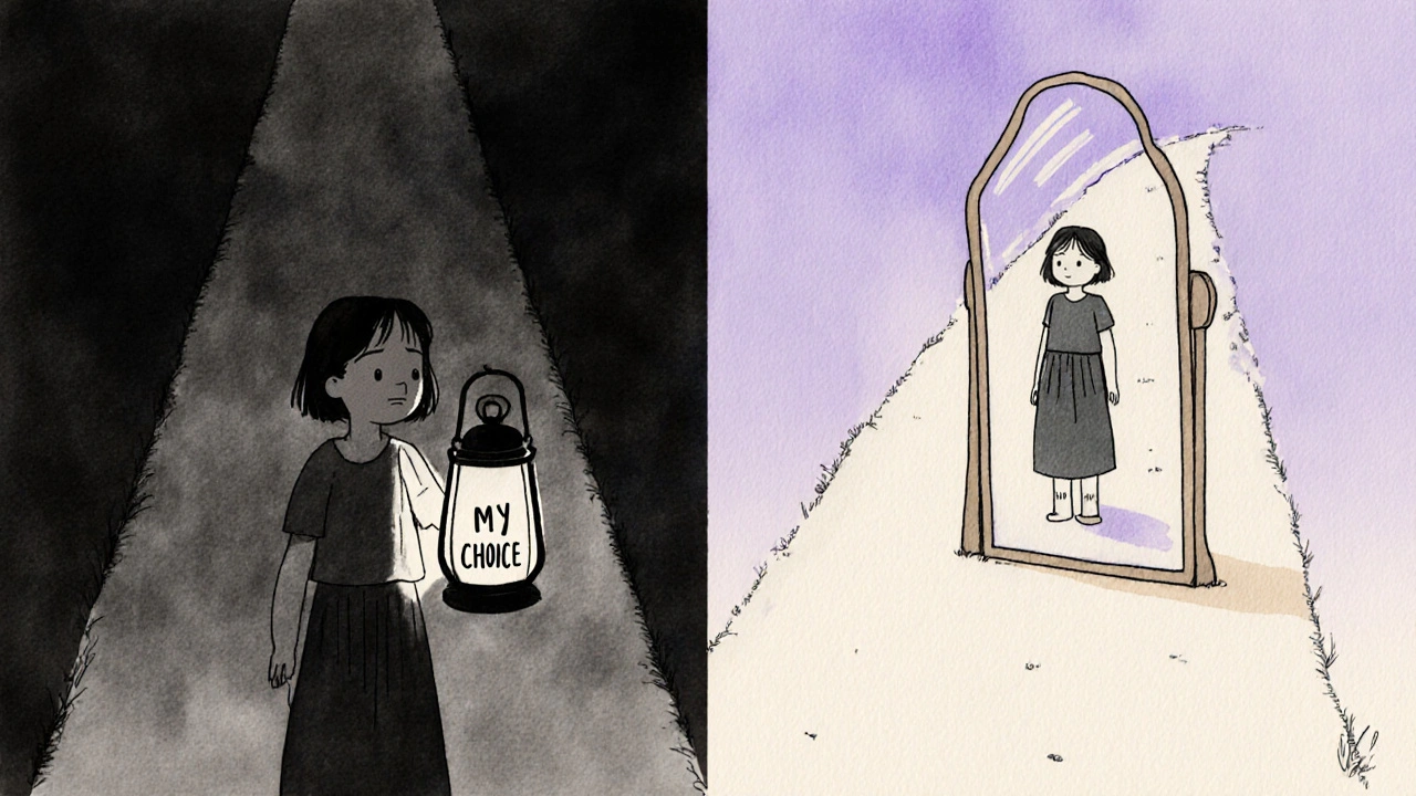 Dívka stojí na křižovatce, drží laternu s nápisem &#039;Můj výběr&#039;.