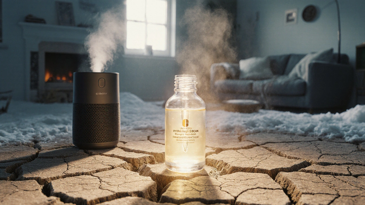 Dry winter landscape with a radiant serum oasis and humidifier mist restoring moisture to a home interior.