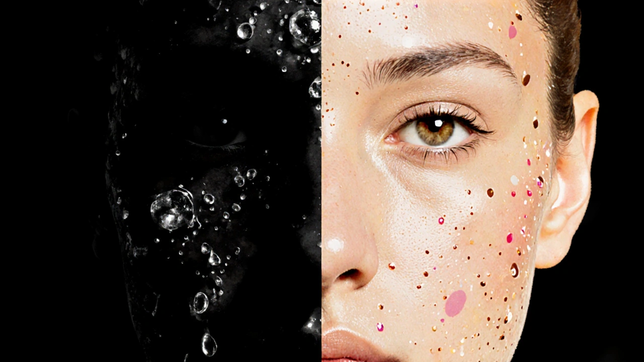 Dvě části obličeje: jeden s nečistotami a druhý čistý po správném čištění.