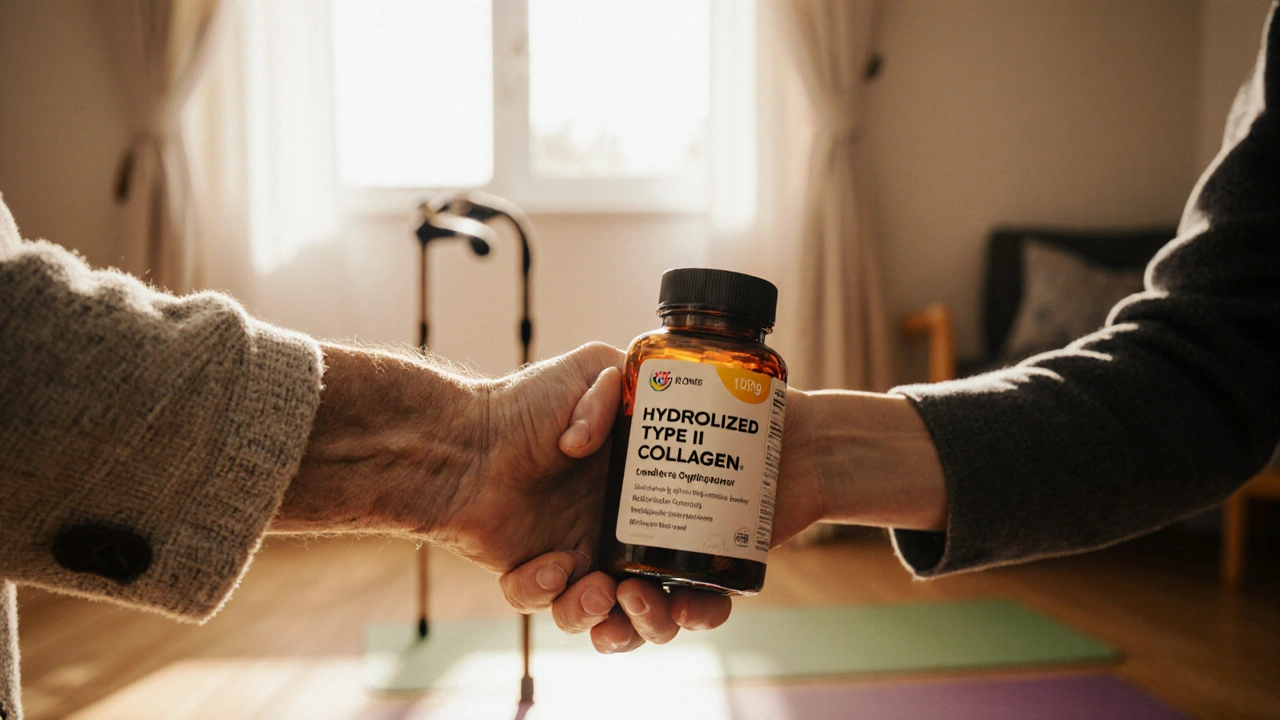 Dvě ruce předávající láhev kolagenu typu 2 s nápisem na etiketě, teplé osvětlení a domácí prostředí.
