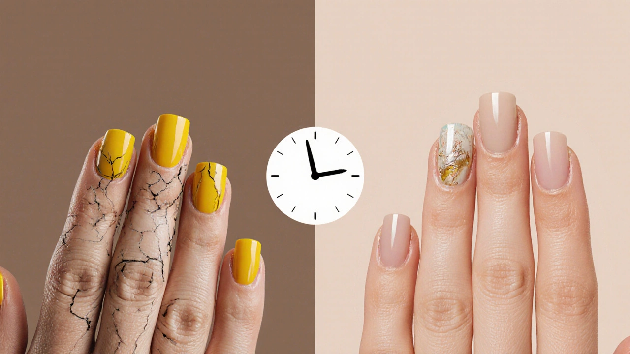 Dvě strany nehtů: poškozené vs. zdravé – symbolické srovnání důsledků častého gel laku.