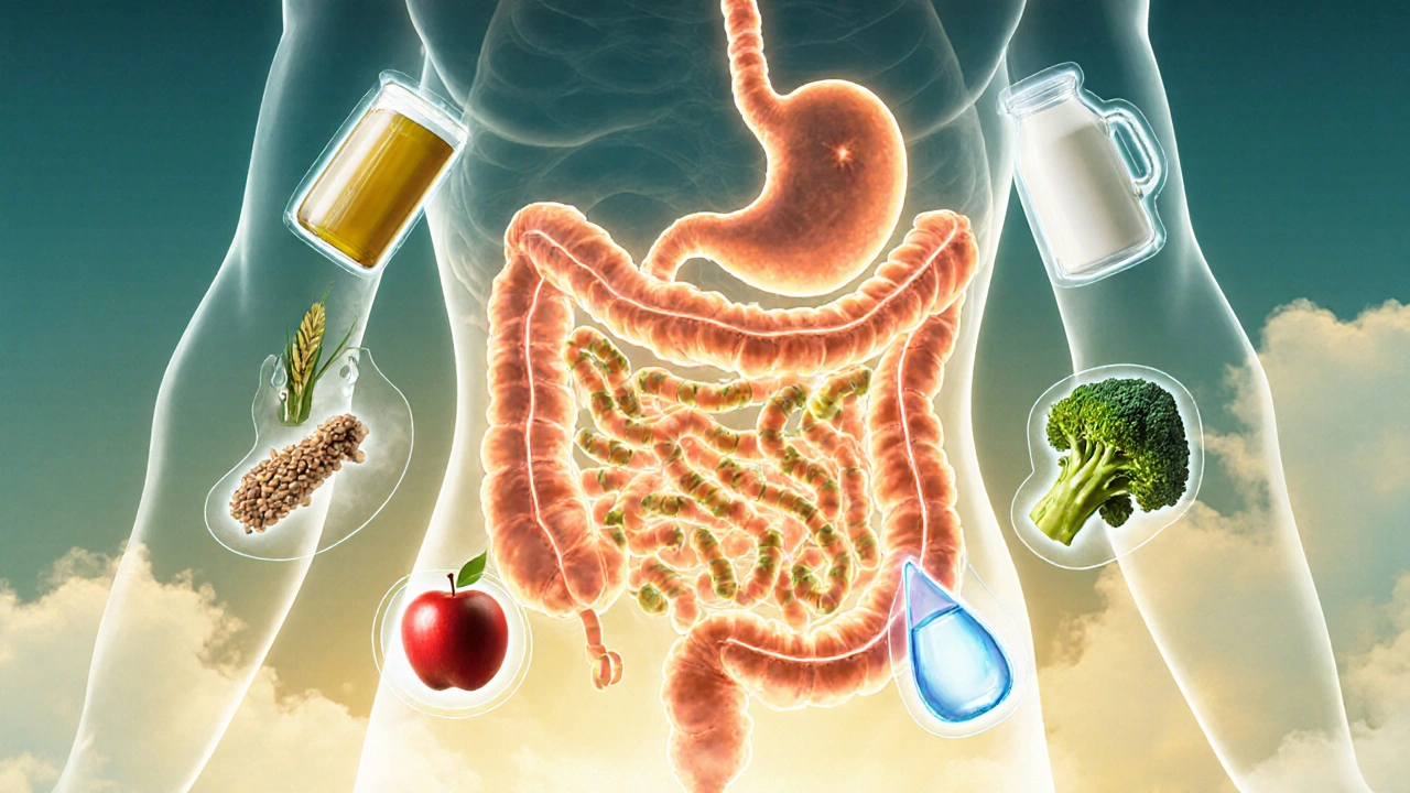 Glowing trávicí trakt s probiotiky a potravinami symbolizujícími zdravé trávení