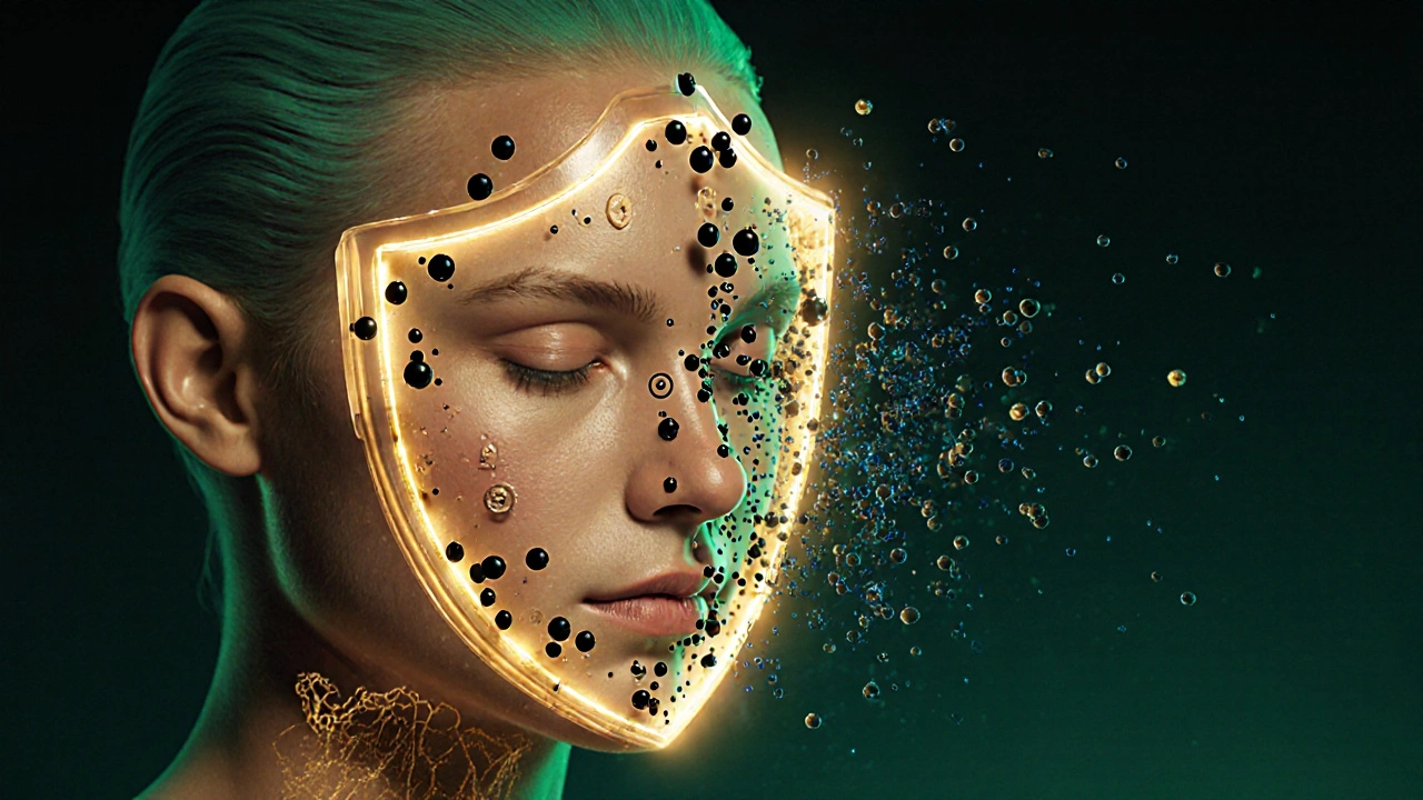 Glowing vitamin C shield protecting skin from UV rays and pollution.