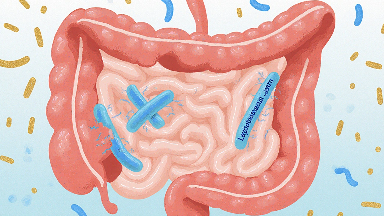 Ilustrace lidského střeva s přátelskými bakteriemi kolonizujícími střevní sliznici, kontrastující s antibiotiky.