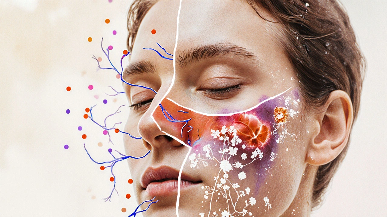 Ilustrace vnitřních příčin oteklého obličeje: alergie, infekce zubu a zadržování tekutin.