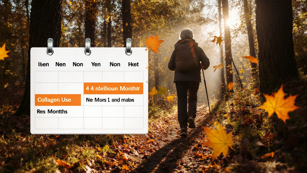 Kalendář s cykly užívání a pauzou kolagenu nad postavou aktivního staršího člověka v lese.