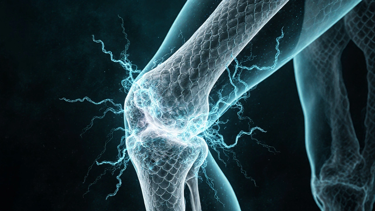 Kolagenové vlákna obklopují kloub, vytvářejíce regenerační strukturu z rybích šupin.