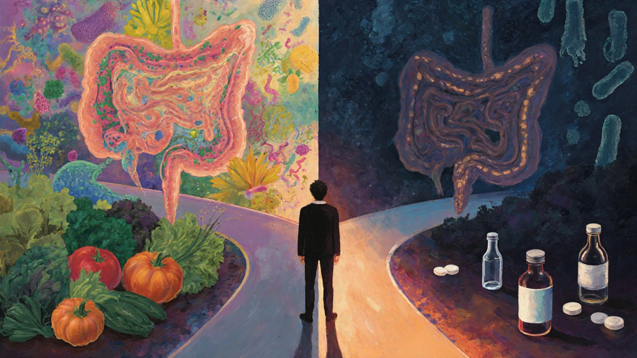 Konceptuální scéna s člověkem na křižovatce: jedna cesta vede ke zdravému mikrobiomu, druhá k oslabenému střevu.