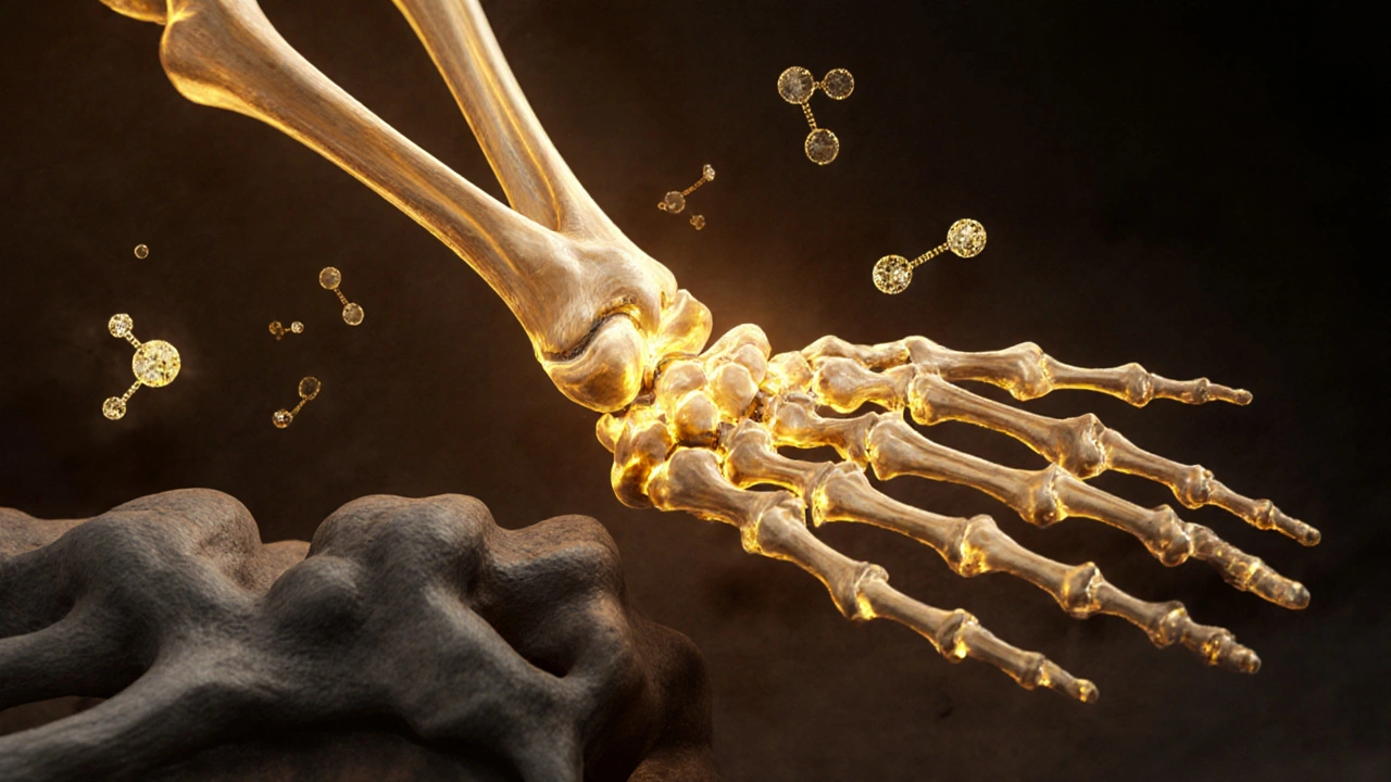 Kosti svítící zlatým světlem, symbolizující aktivaci vápníku vitamínem K