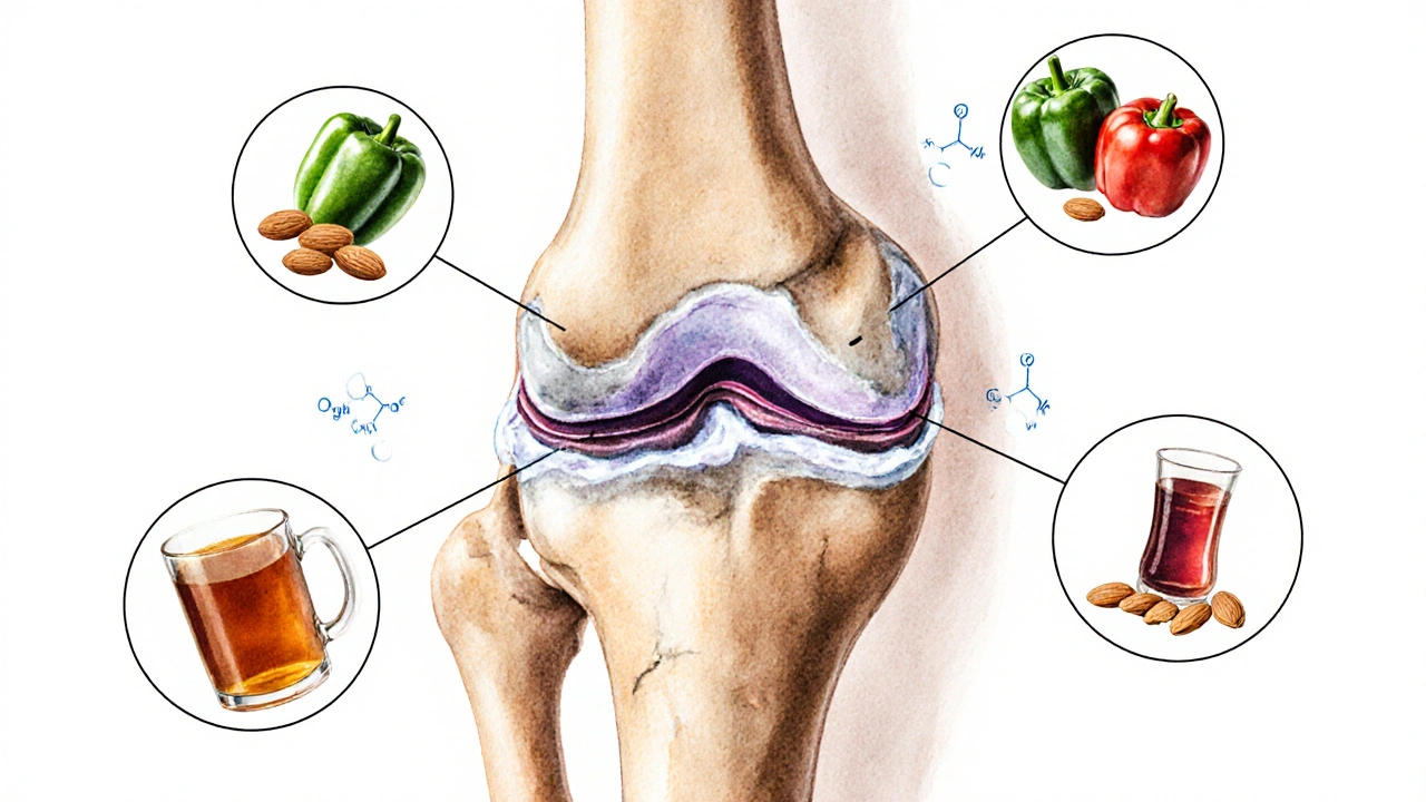Křížový řez kloubu s kolagenovými vlákny, která se tvoří z živin jako brokolice, mandle a cibule, v jemném vodové barvě.