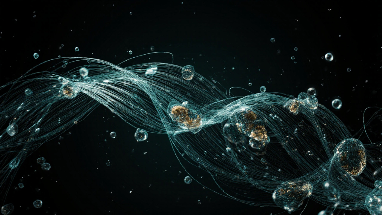 Mikroskopický pohled na jemné vlasy s lehkými látkami zvyšujícími objem.