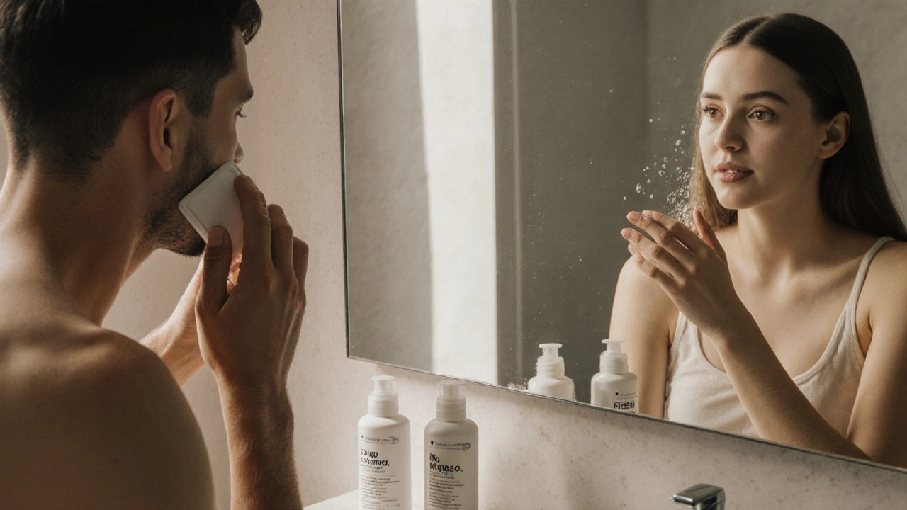 Muž a teenagová používají dermokosmetiku v koupelně – klidná scéna bez parfémů, s důrazem na zdravou pokožku a přirozenou péči.