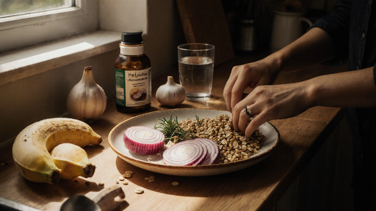 Osoba připravuje jídlo s prebiotiky — cibule, česnek, banány, oves — v teplé kuchyni s přirozeným světlem.