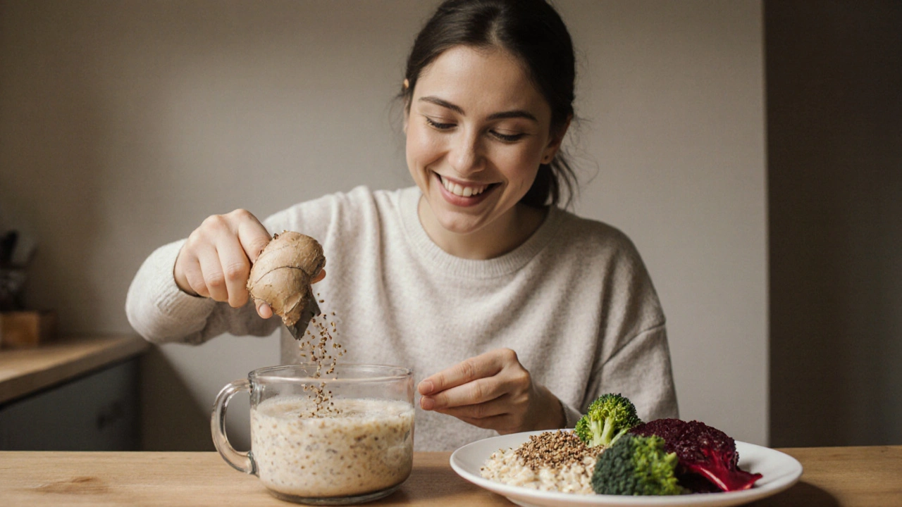 Osoba připravuje zázvorový čaj a ovesnou kaši s lněnými semínky