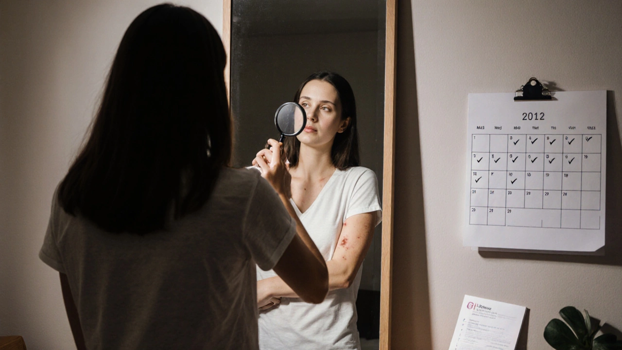 Osoba si prohlíží kůži pomocí lupy před zrcadlem
