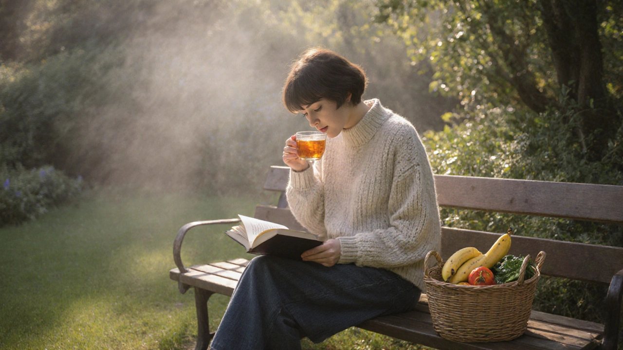 Osoba v klidné zahradě pije čaj a odpočívá, vedle ní koš s potravinami pro trávení.