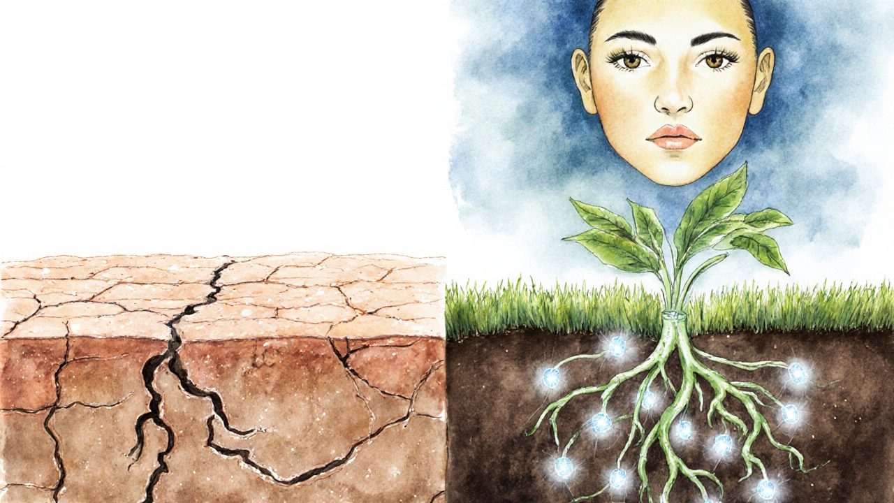 Porovnání suché pokožky a zdravé pokožky s hydratačními kořeny.