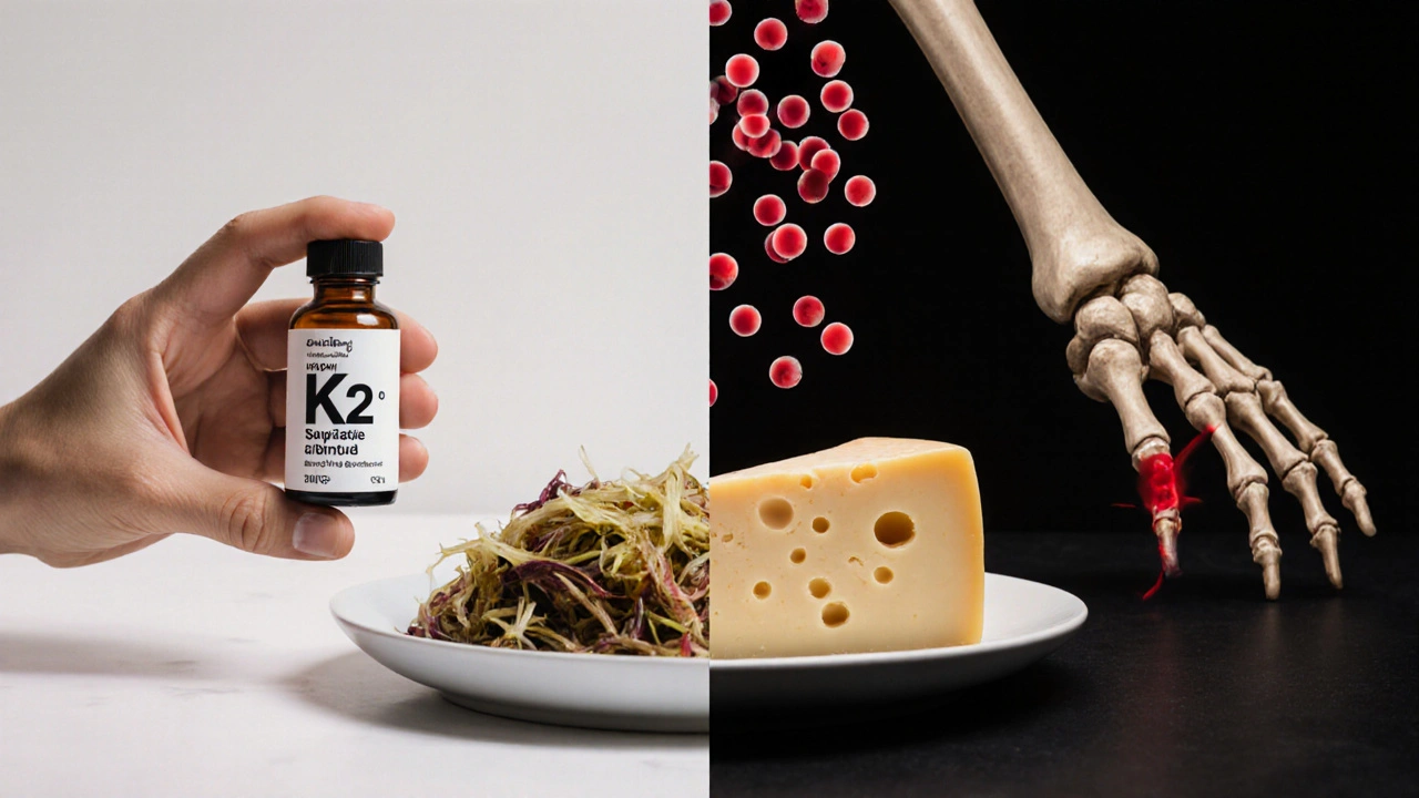 Potraviny bohaté na vitamín K2 s vizuálním znázorněním srážení krve a zdravých kostí