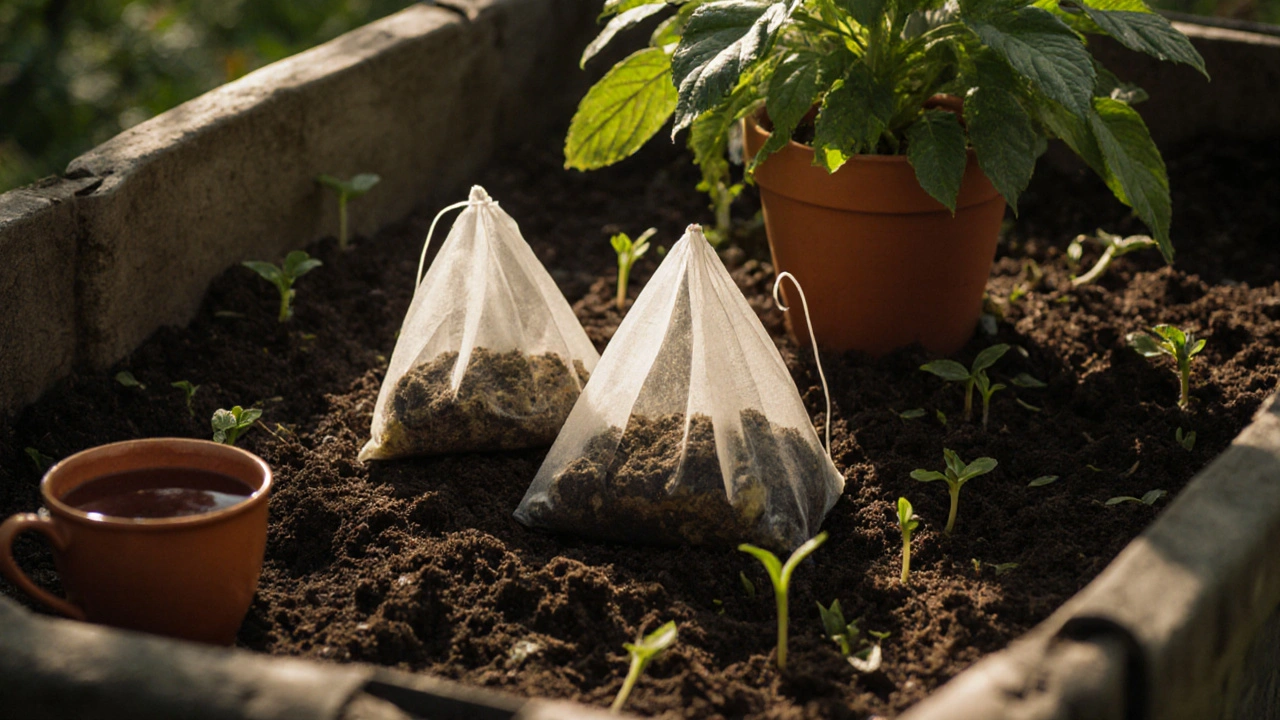 Použité sáčky od čaje v kompostu pod rostlinami v zahradě.
