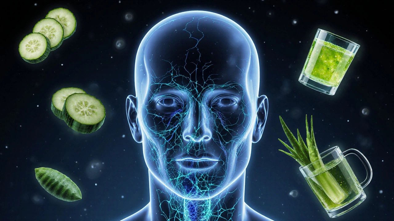 Průhledný obličej s proudy vody proudícími do pleti, doprovázený symboly zeleniny a čaje.