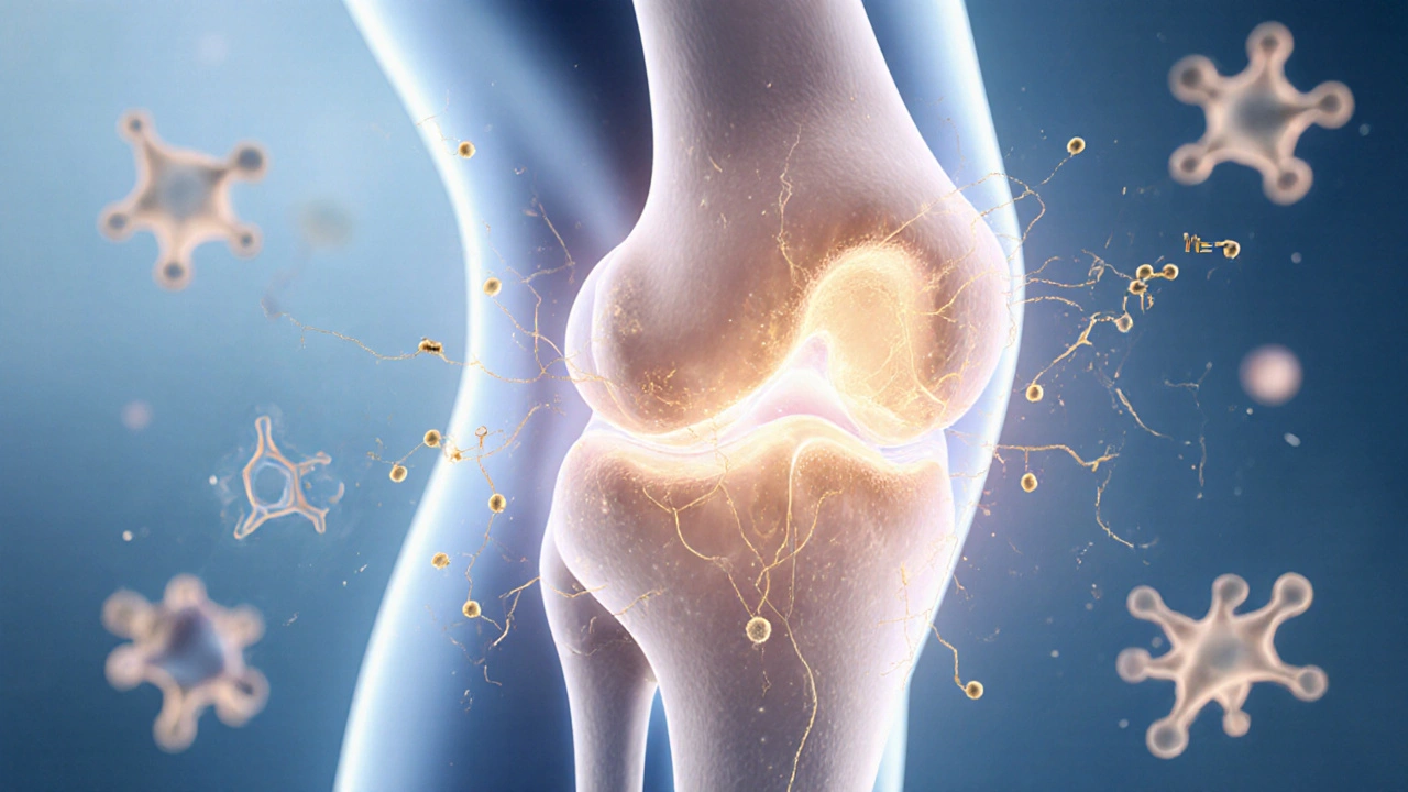 Průřez kloubu, kde zlaté peptidy kolagenu obnovují chrupavku v mírně zářivém prostředí.