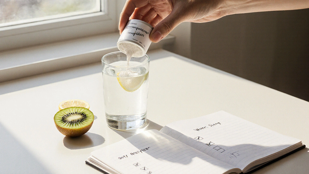 Ranní rituál s rybím kolagenem, citrónem a kiwi na stole.