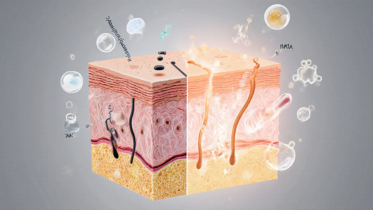 Rozdělený pohled na poškozenou a obnovovanou kůži s molekulami ceramidů a kyseliny hyaluronové, vědecky stylizovaný grafický obraz.