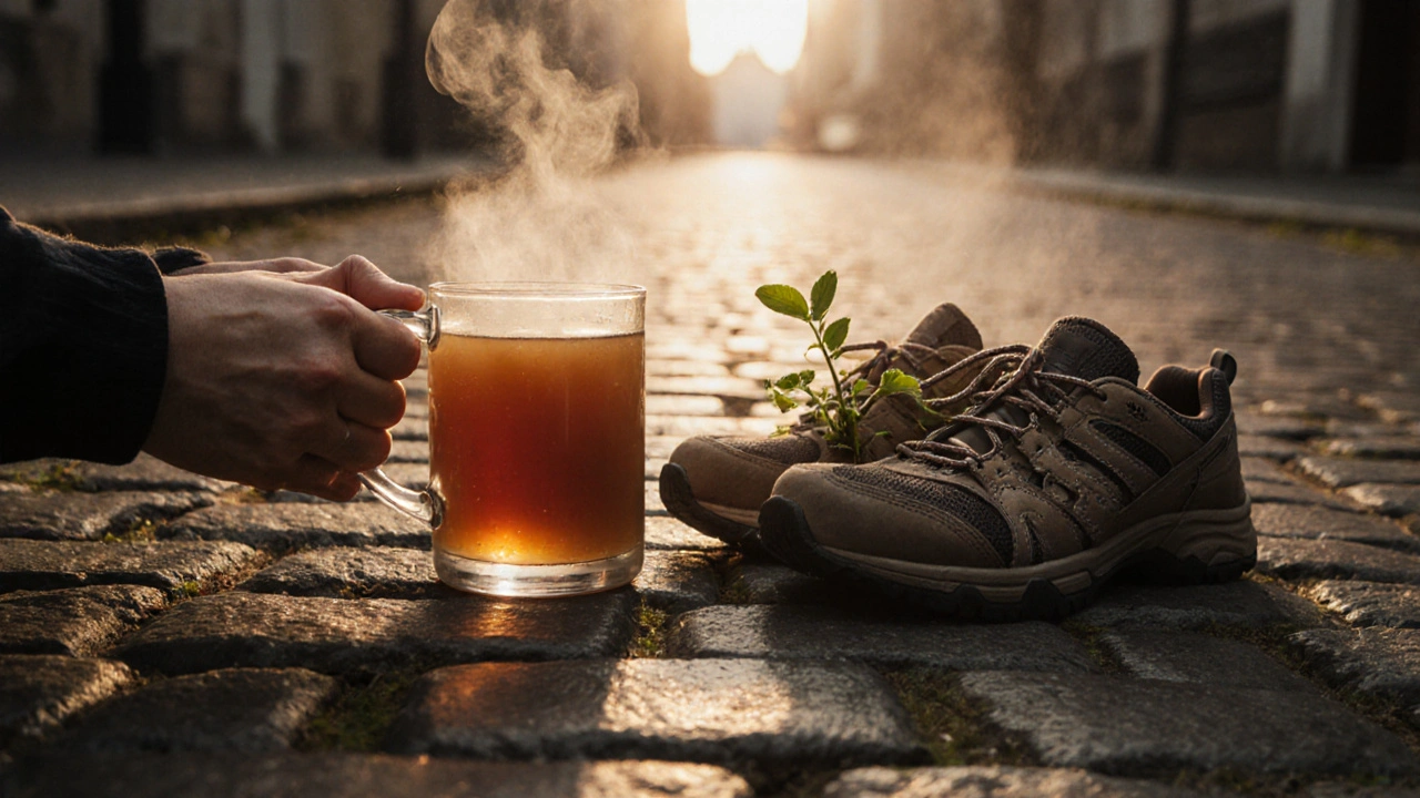 Ruce drží šálek teplého vývaru vedle obutých krojů na cestičce při východu slunce, symbolizující zdravý životní styl.