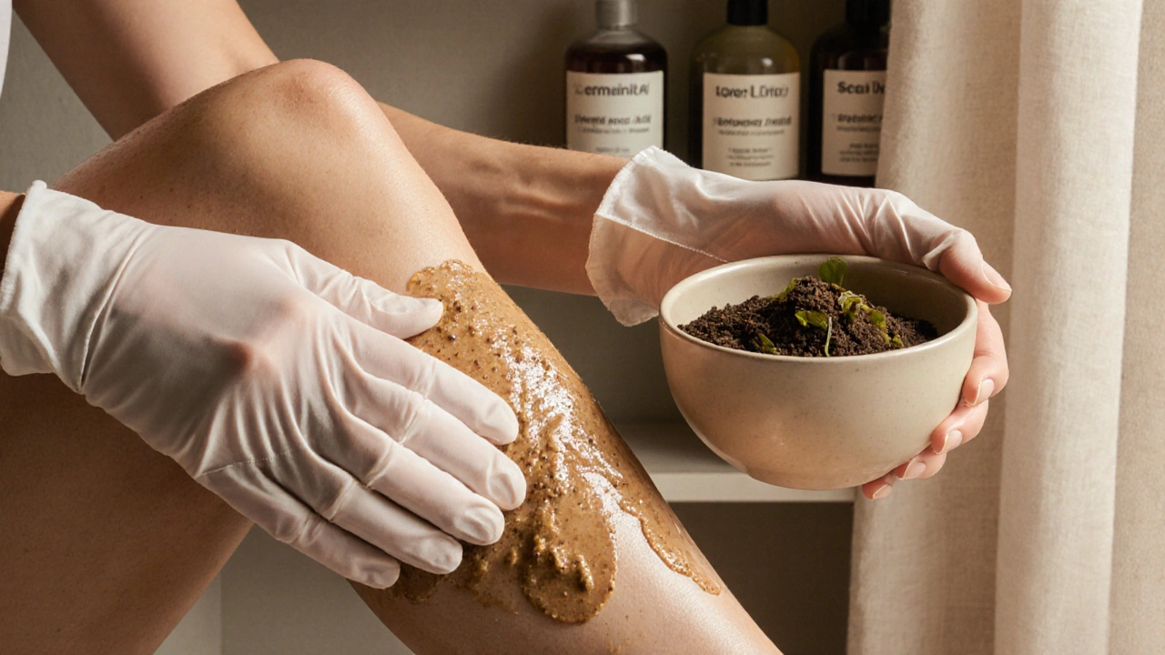 Ruce provádějí tělový peeling na noze, viditelná textura škrábání a hydratovaná kůže s přírodními ingrediencemi.