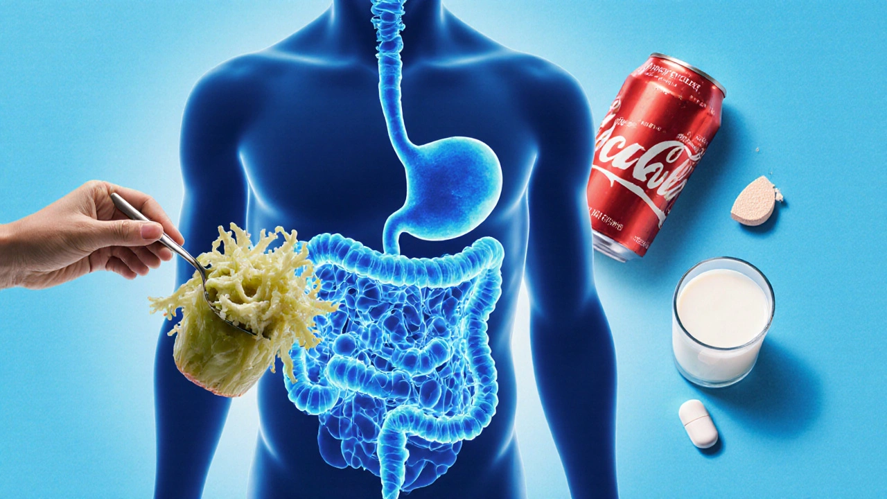 Ruce s kvašenými potravinami vedle transparentního těla s živou mikroflórou ve střevech.