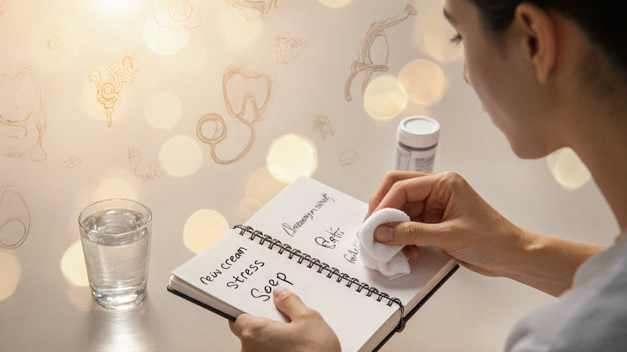 Ruka s chladným obkladem a deníkem s poznámkami o možných příčinách otoku.