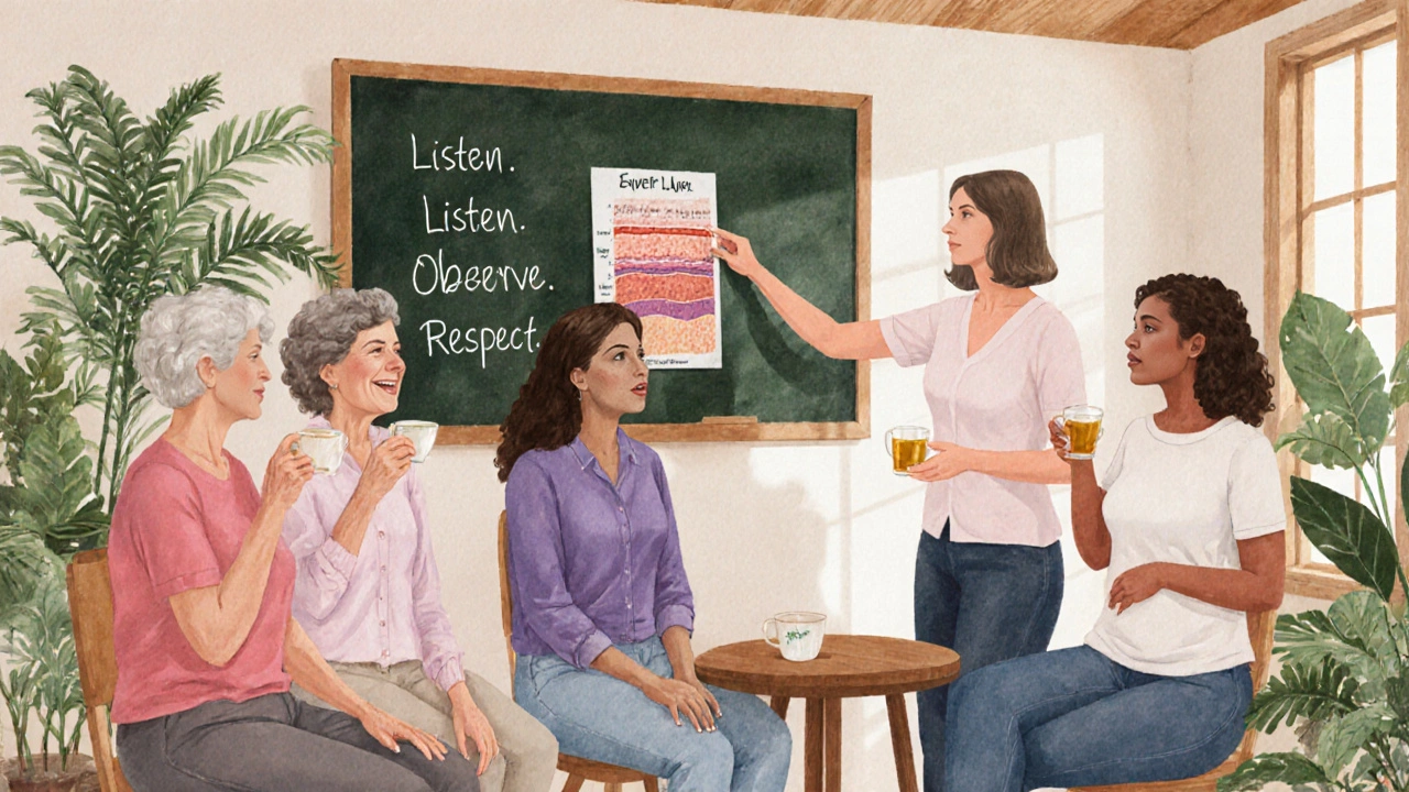 Skupina žen poslouchá výukovou prezentaci o kůži v klidném, rostlinami osázeném prostoru.