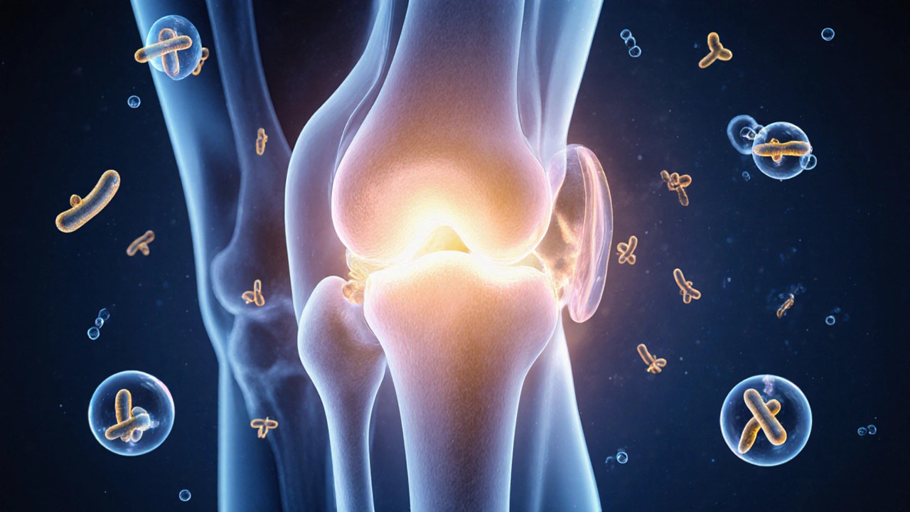 Stylovaný pohled na kloub s obnovenou chrupavkou a signálními molekulami.