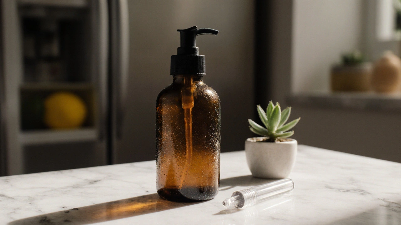 Tmavá lahvička séra s vitamínem C na kámen s droppery a rostlinou.